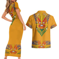 Haiti Flag Traditional Dashiki Couples Matching Short Sleeve Bodycon Dress and Hawaiian Shirt Yellow Color - Polynesian Pride
