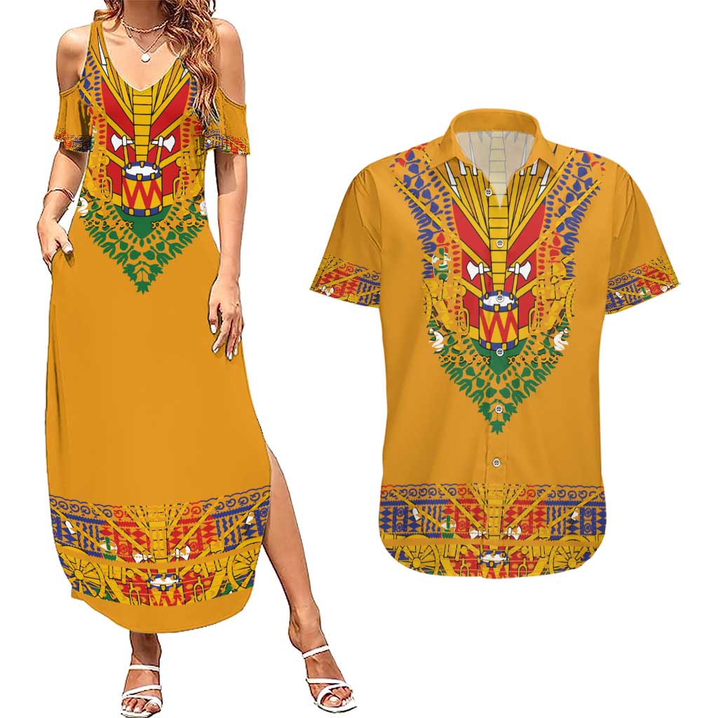 Haiti Flag Traditional Dashiki Couples Matching Summer Maxi Dress and Hawaiian Shirt Yellow Color - Polynesian Pride