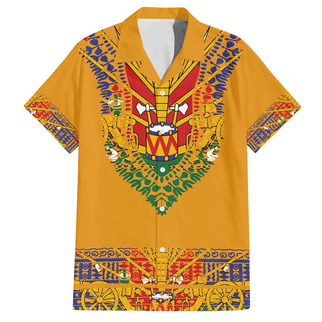 Haiti Flag Traditional Dashiki Family Matching Long Sleeve Bodycon Dress and Hawaiian Shirt Yellow Color - Polynesian Pride