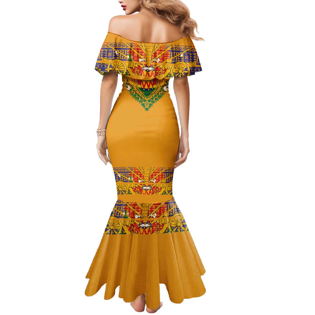 Haiti Flag Traditional Dashiki Family Matching Mermaid Dress and Hawaiian Shirt Yellow Color - Polynesian Pride