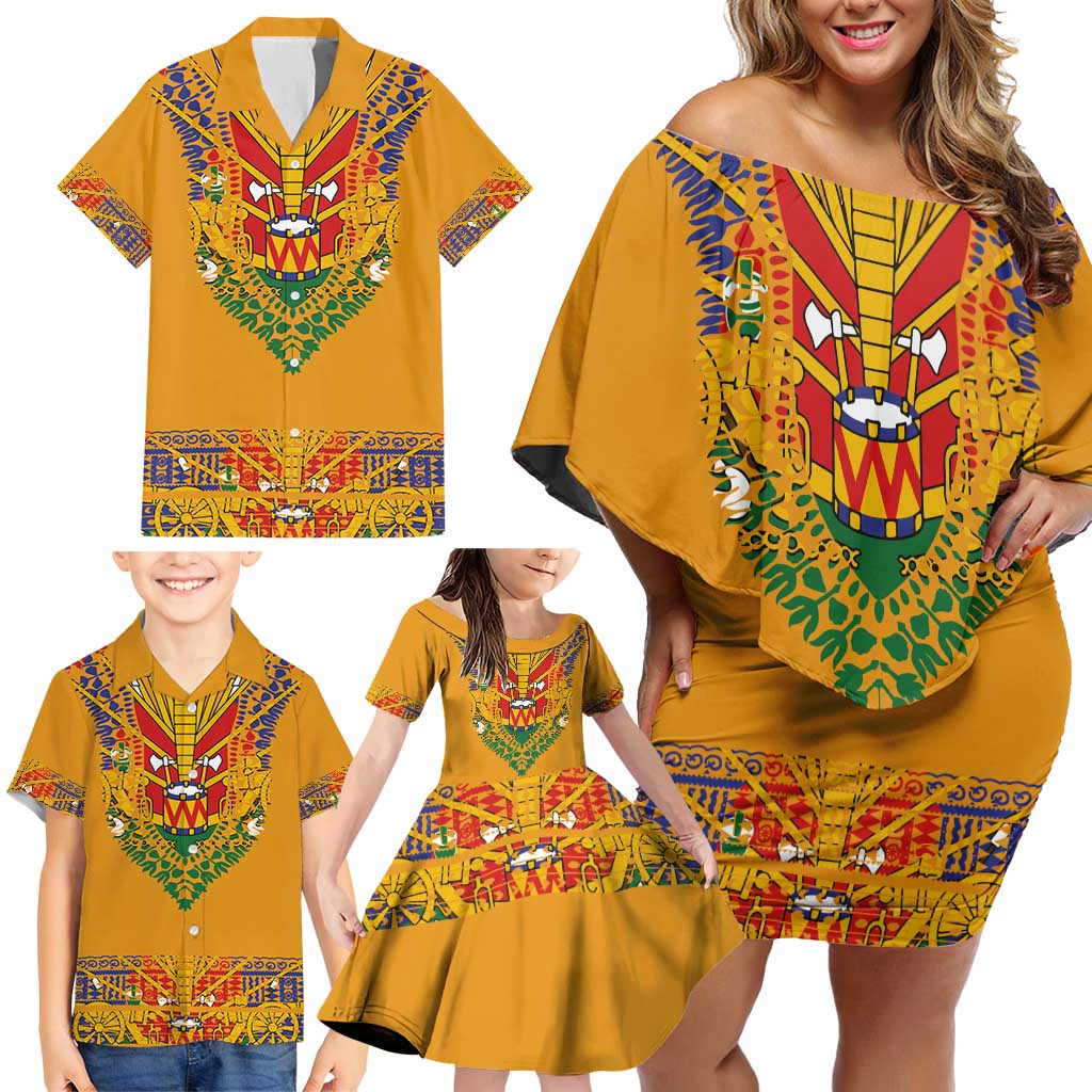 Haiti Flag Traditional Dashiki Family Matching Off Shoulder Short Dress and Hawaiian Shirt Yellow Color - Polynesian Pride
