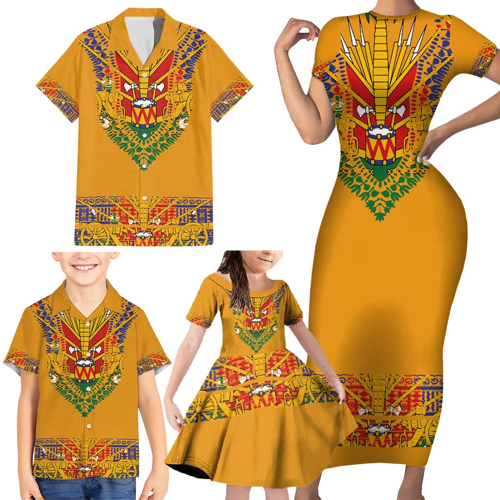 Haiti Flag Traditional Dashiki Family Matching Short Sleeve Bodycon Dress and Hawaiian Shirt Yellow Color - Polynesian Pride