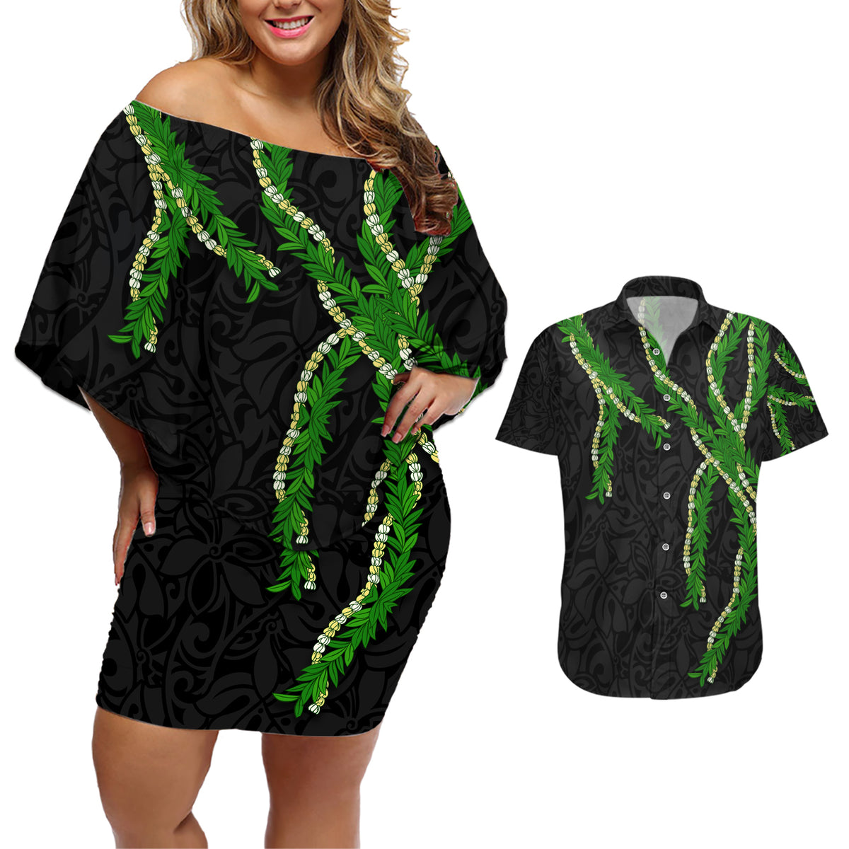 Hawaii Maile Lei Couples Matching Off Shoulder Short Dress and Hawaiian Shirt Aloha Black Color
