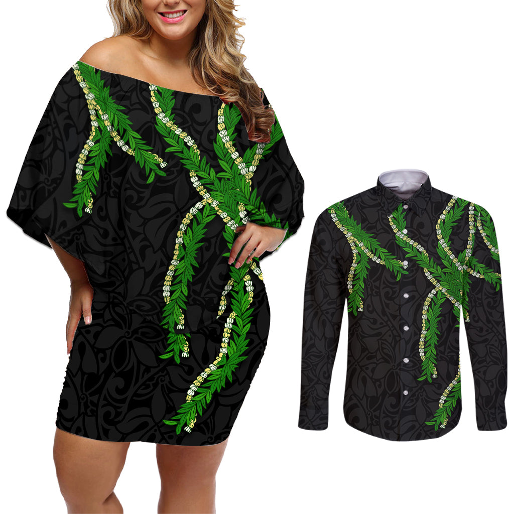 Hawaii Maile Lei Couples Matching Off Shoulder Short Dress and Long Sleeve Button Shirt Aloha Black Color