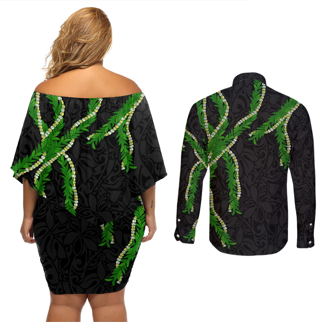 Hawaii Maile Lei Couples Matching Off Shoulder Short Dress and Long Sleeve Button Shirt Aloha Black Color