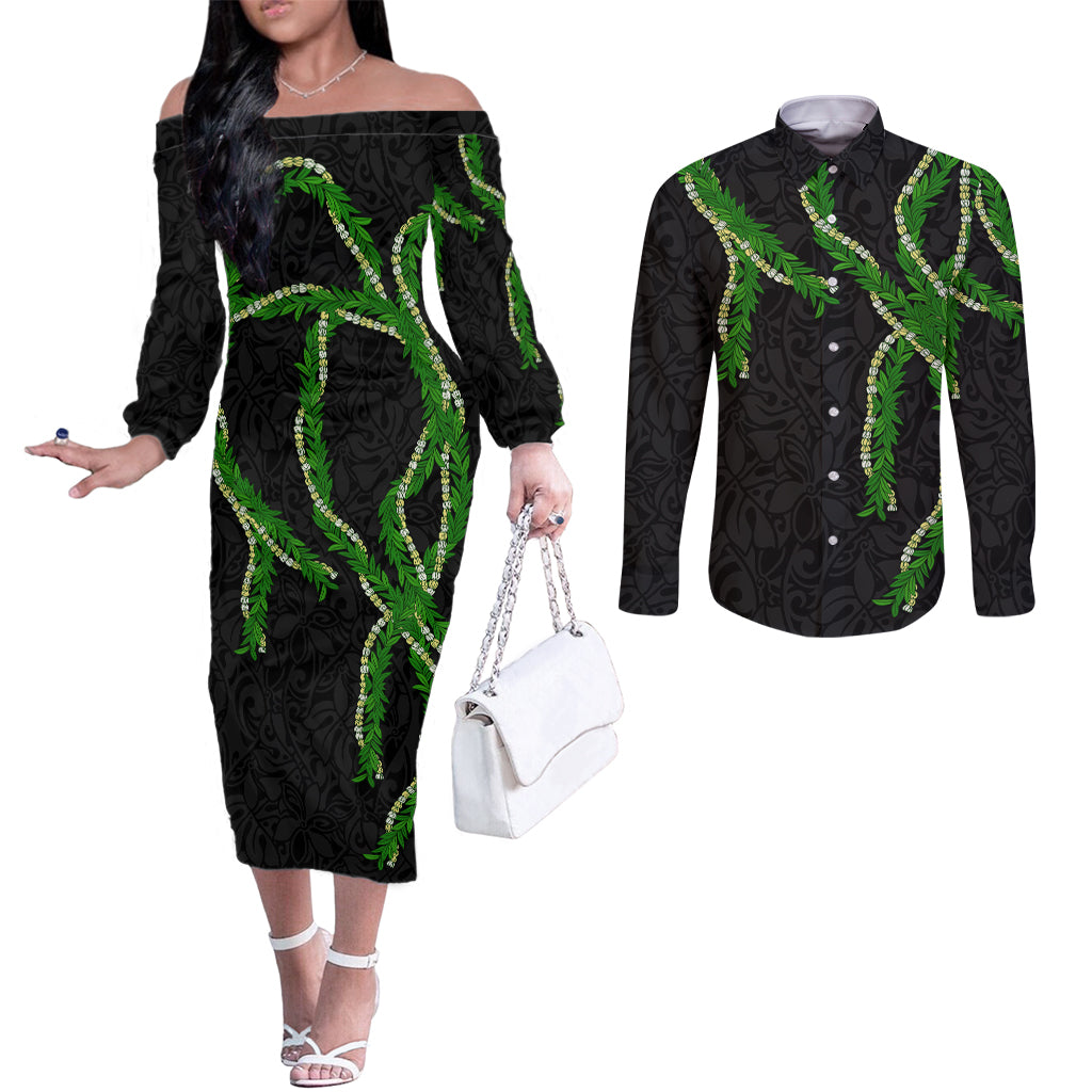 Hawaii Maile Lei Couples Matching Off The Shoulder Long Sleeve Dress and Long Sleeve Button Shirt Aloha Black Color