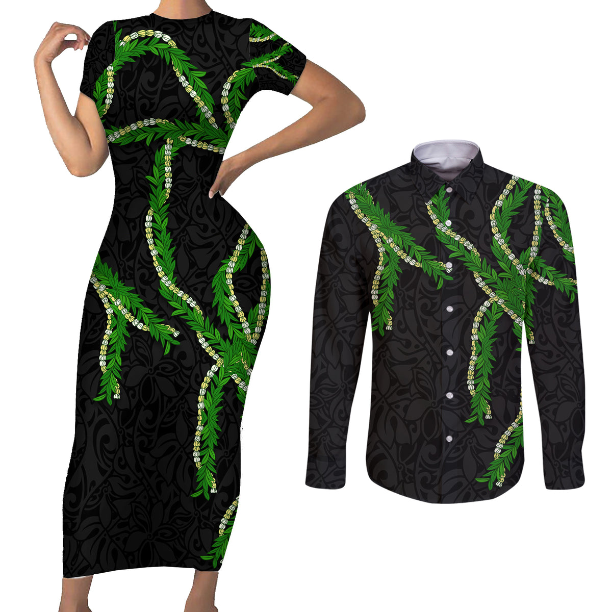 Hawaii Maile Lei Couples Matching Short Sleeve Bodycon Dress and Long Sleeve Button Shirt Aloha Black Color