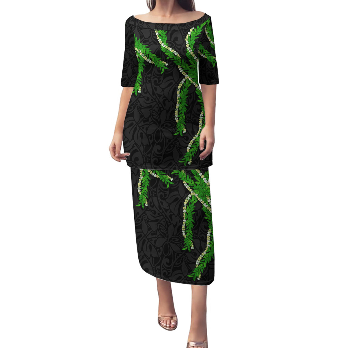 Hawaii Maile Lei Family Matching Puletasi and Hawaiian Shirt Aloha Black Color