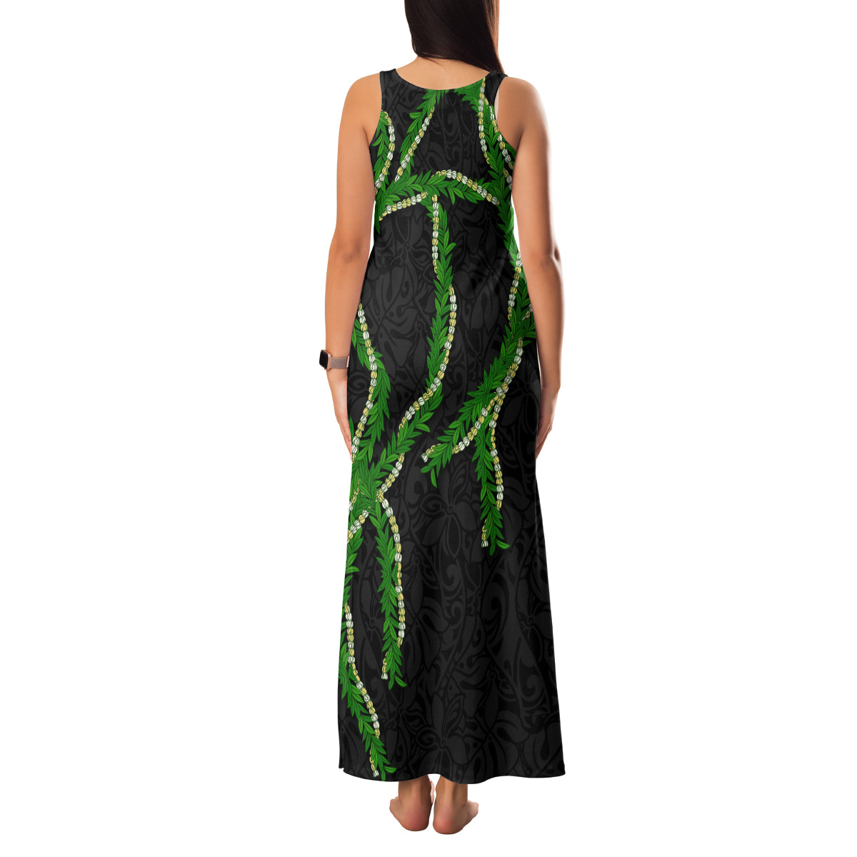 Hawaii Maile Lei Family Matching Tank Maxi Dress and Hawaiian Shirt Aloha Black Color