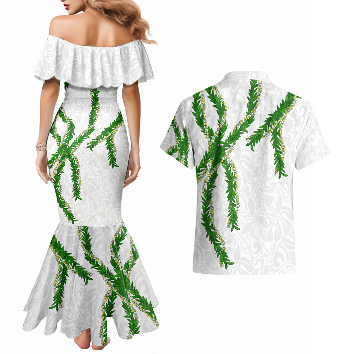 Hawaii Maile Lei Couples Matching Mermaid Dress and Hawaiian Shirt Aloha White Color
