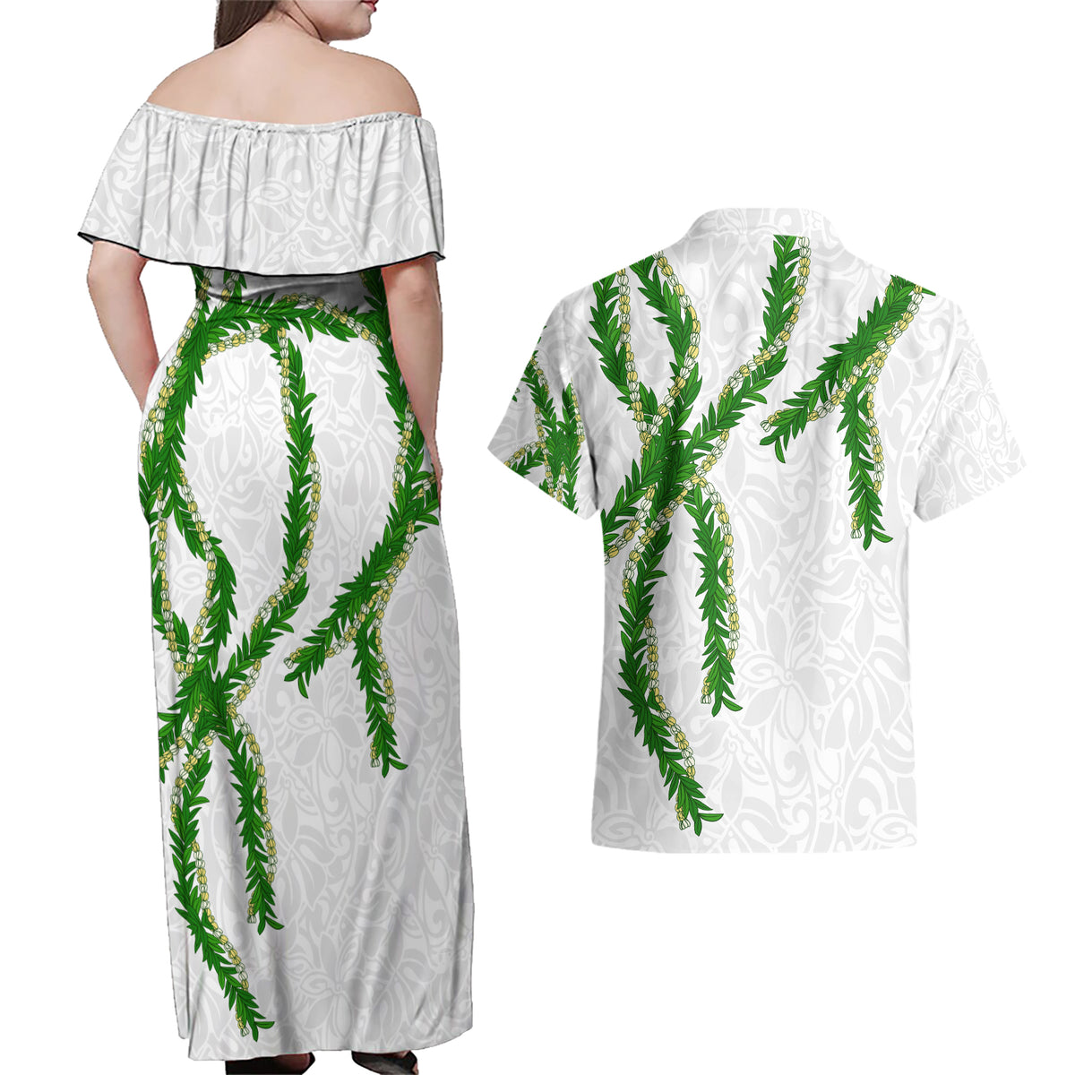 Hawaii Maile Lei Couples Matching Off Shoulder Maxi Dress and Hawaiian Shirt Aloha White Color