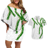Hawaii Maile Lei Couples Matching Off Shoulder Short Dress and Hawaiian Shirt Aloha White Color