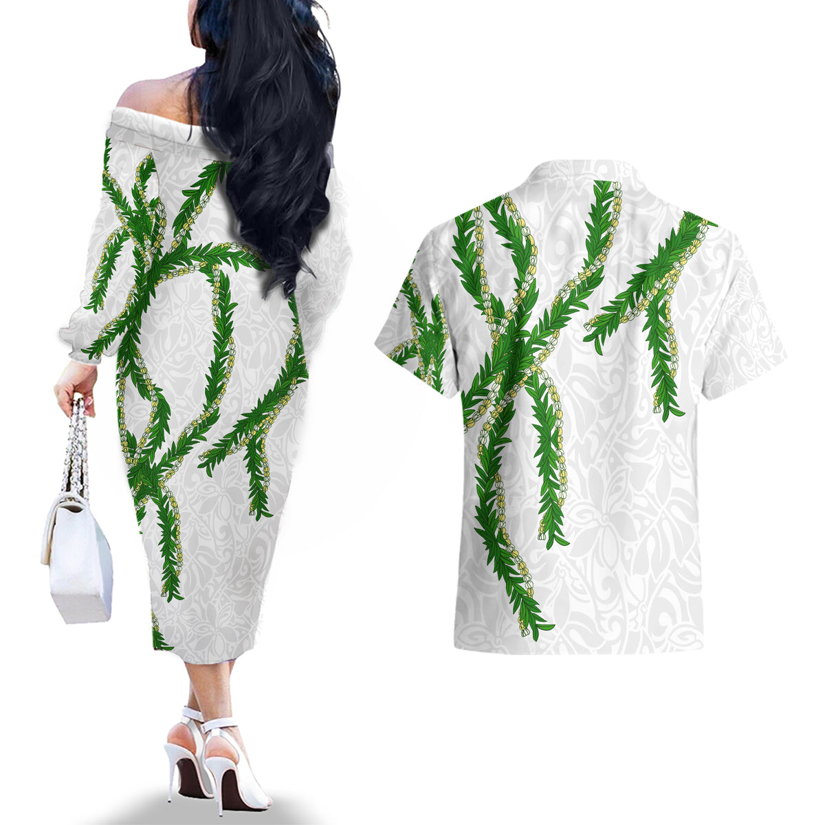 Hawaii Maile Lei Couples Matching Off The Shoulder Long Sleeve Dress and Hawaiian Shirt Aloha White Color
