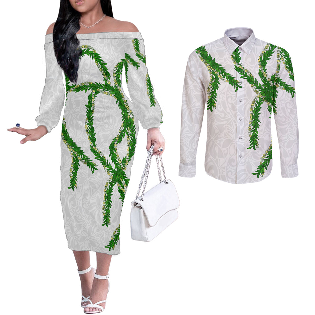 Hawaii Maile Lei Couples Matching Off The Shoulder Long Sleeve Dress and Long Sleeve Button Shirt Aloha White Color