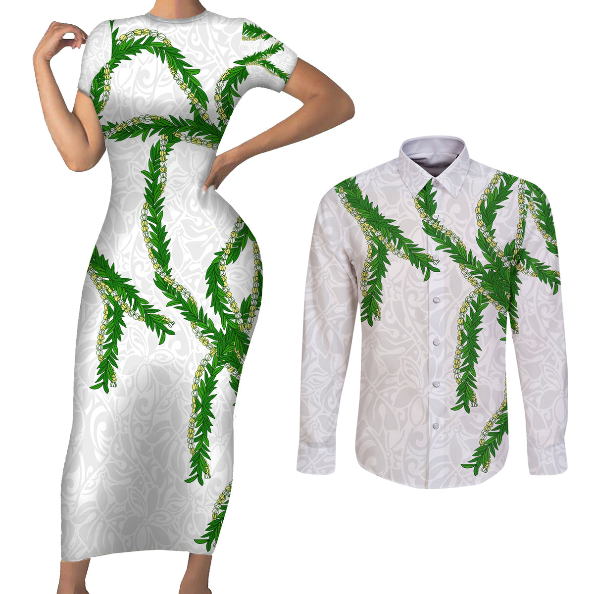 Hawaii Maile Lei Couples Matching Short Sleeve Bodycon Dress and Long Sleeve Button Shirt Aloha White Color