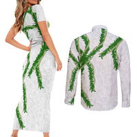 Hawaii Maile Lei Couples Matching Short Sleeve Bodycon Dress and Long Sleeve Button Shirt Aloha White Color