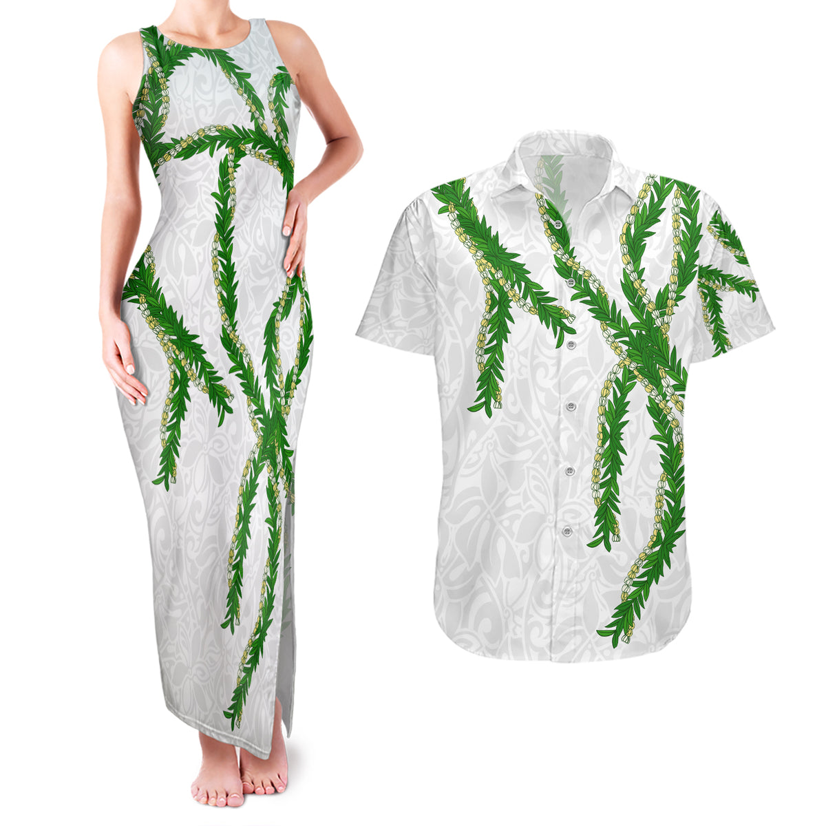 Hawaii Maile Lei Couples Matching Tank Maxi Dress and Hawaiian Shirt Aloha White Color