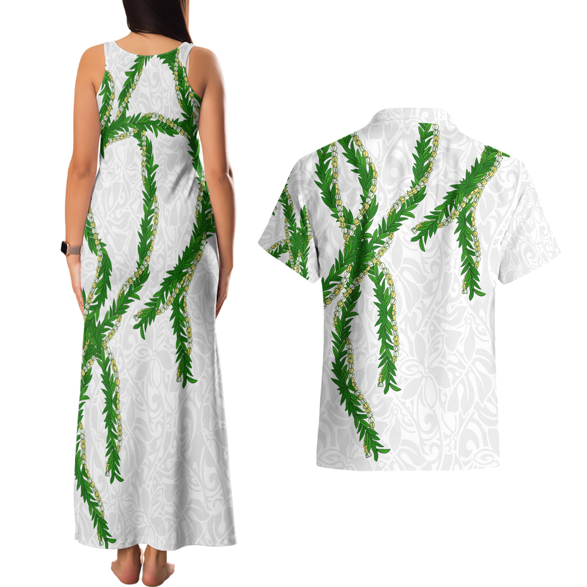 Hawaii Maile Lei Couples Matching Tank Maxi Dress and Hawaiian Shirt Aloha White Color