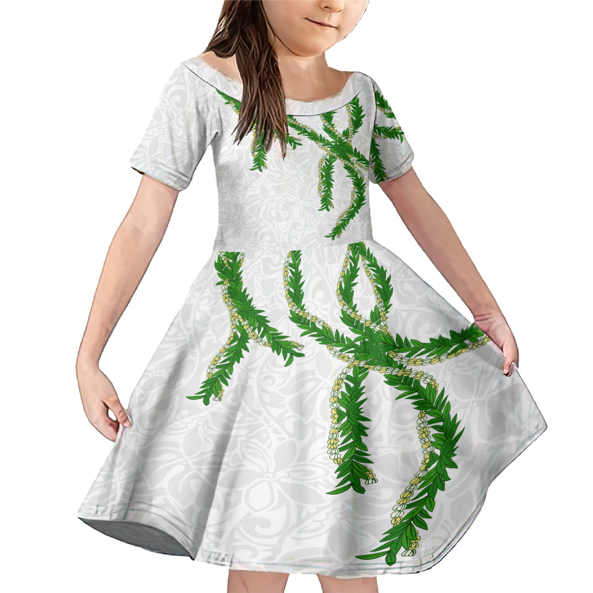Hawaii Maile Lei Family Matching Mermaid Dress and Hawaiian Shirt Aloha White Color