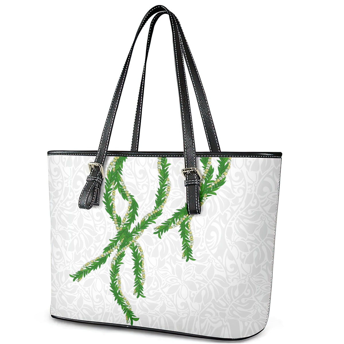 Hawaii Maile Lei Leather Tote Bag Aloha White Color