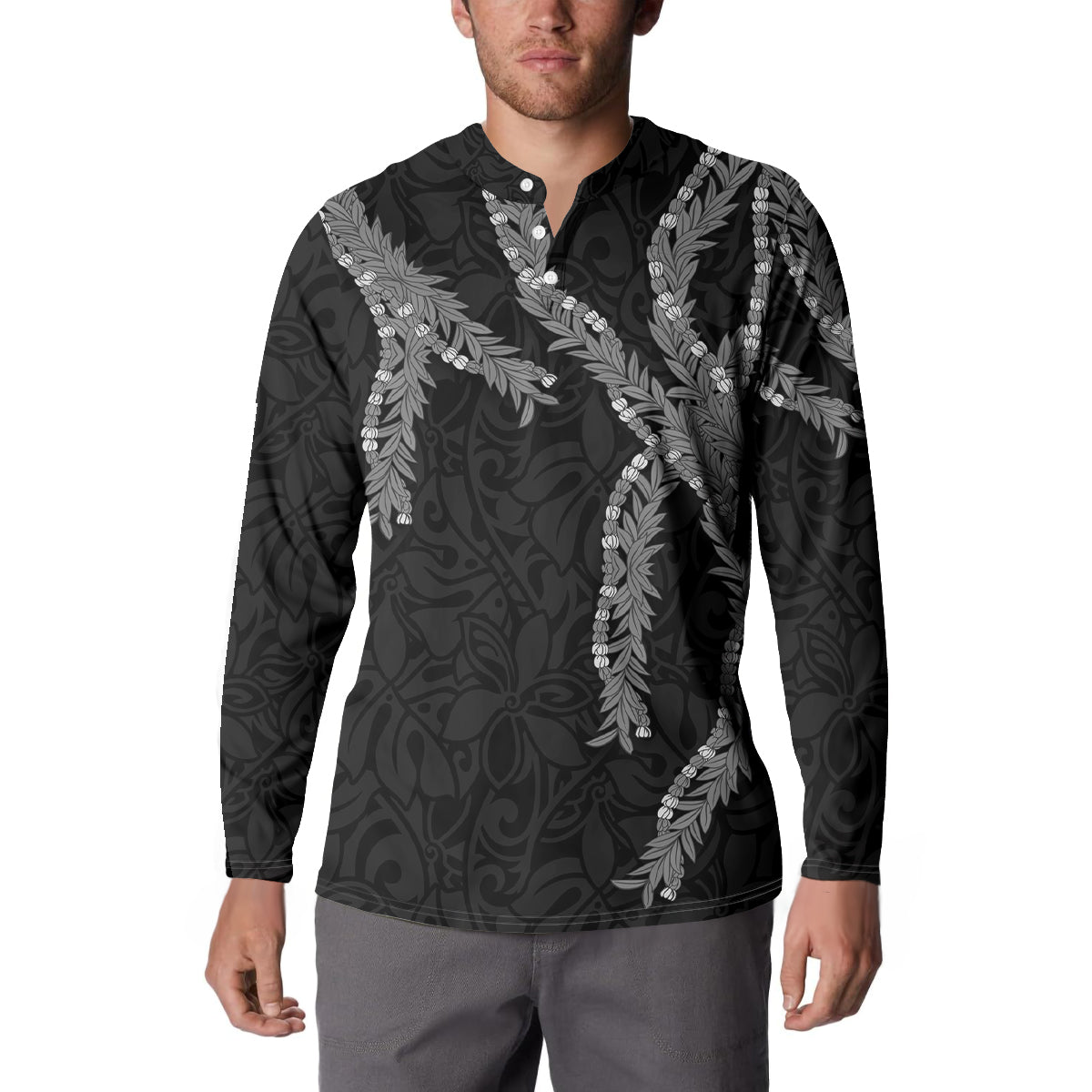 Hawaii Maile Lei Button Sweatshirt Aloha Grayscale Color