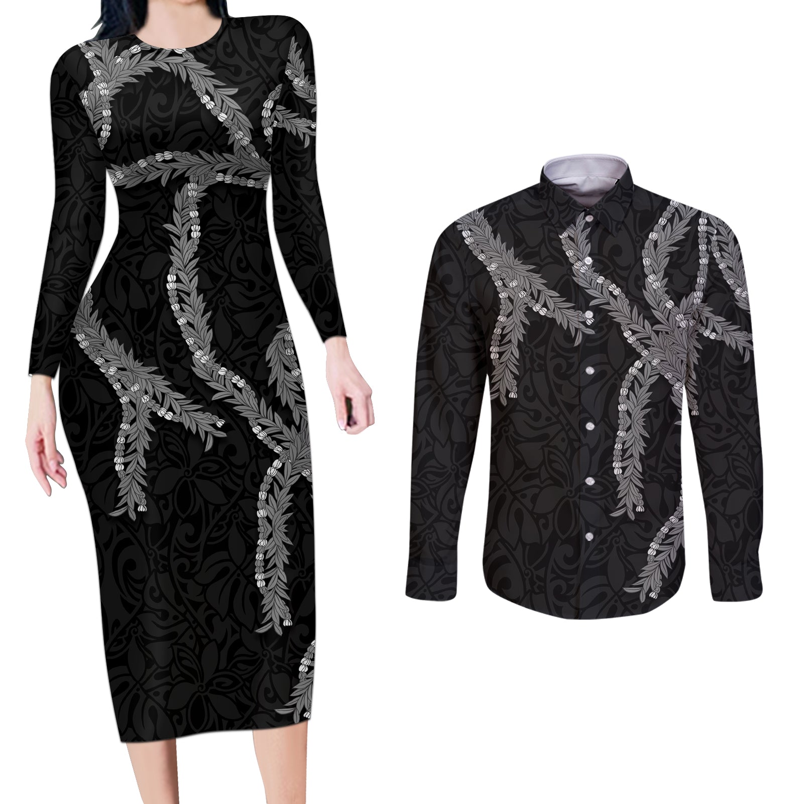 Hawaii Maile Lei Couples Matching Long Sleeve Bodycon Dress and Long Sleeve Button Shirt Aloha Grayscale Color