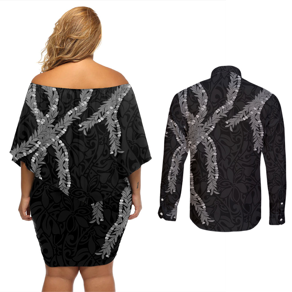 Hawaii Maile Lei Couples Matching Off Shoulder Short Dress and Long Sleeve Button Shirt Aloha Grayscale Color