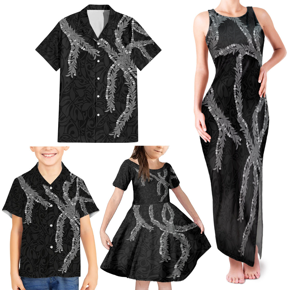 Hawaii Maile Lei Family Matching Tank Maxi Dress and Hawaiian Shirt Aloha Grayscale Color