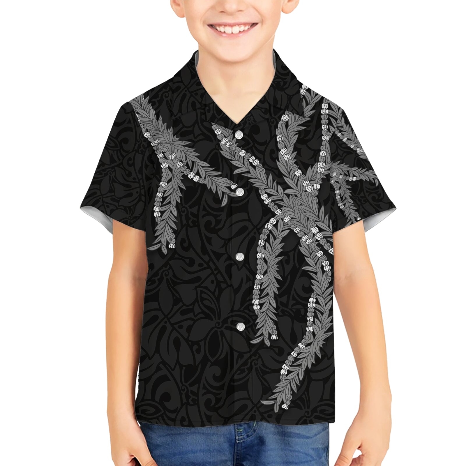 Hawaii Maile Lei Kid Hawaiian Shirt Aloha Grayscale Color