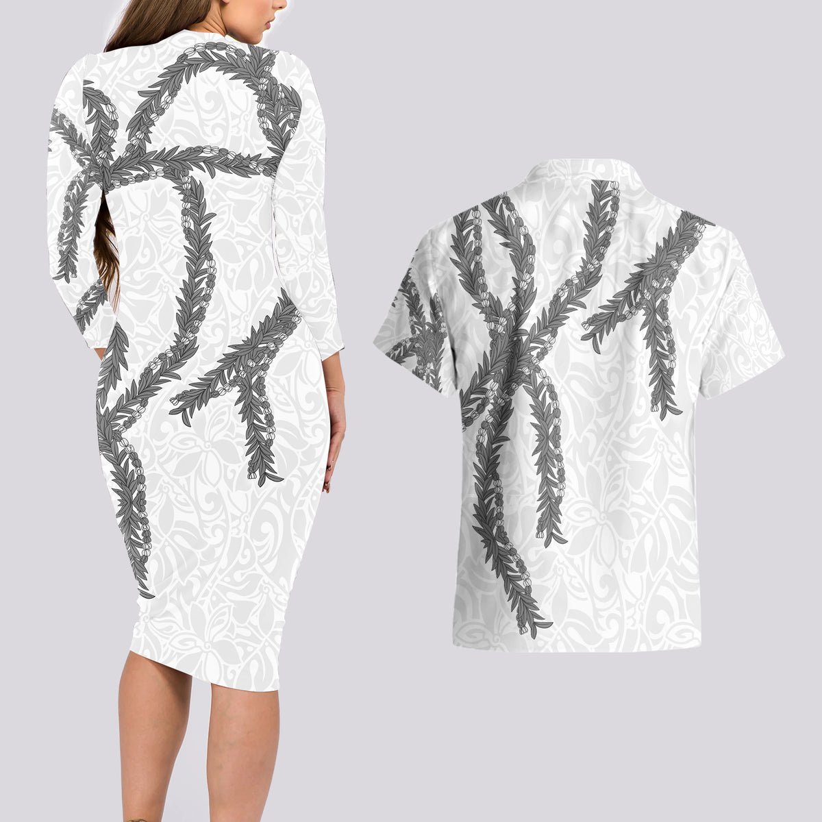 Hawaii Maile Lei Couples Matching Long Sleeve Bodycon Dress and Hawaiian Shirt Aloha The Grey Color