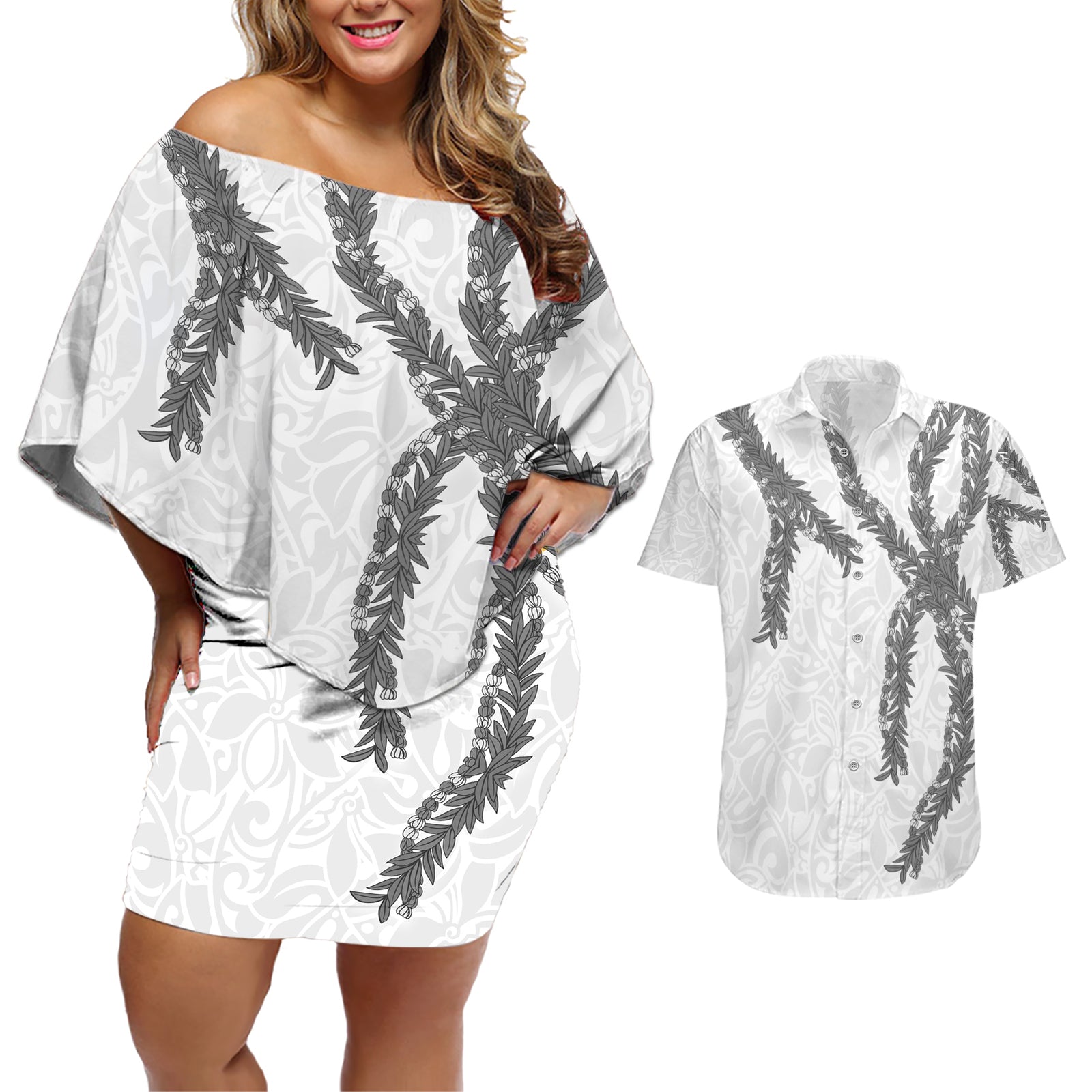 Hawaii Maile Lei Couples Matching Off Shoulder Short Dress and Hawaiian Shirt Aloha The Grey Color