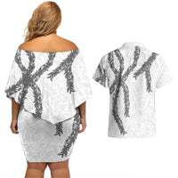 Hawaii Maile Lei Couples Matching Off Shoulder Short Dress and Hawaiian Shirt Aloha The Grey Color