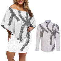 Hawaii Maile Lei Couples Matching Off Shoulder Short Dress and Long Sleeve Button Shirt Aloha The Grey Color