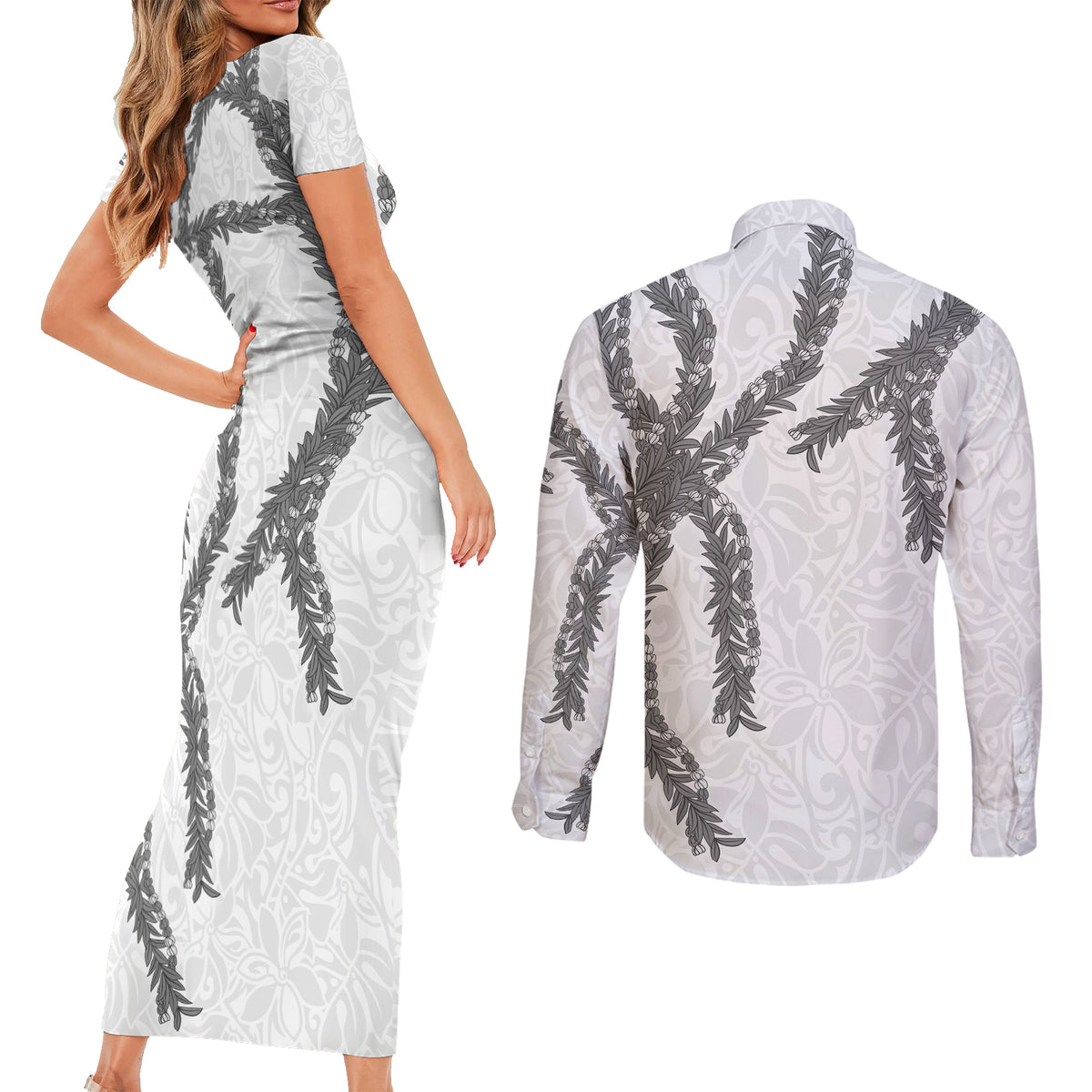 Hawaii Maile Lei Couples Matching Short Sleeve Bodycon Dress and Long Sleeve Button Shirt Aloha The Grey Color