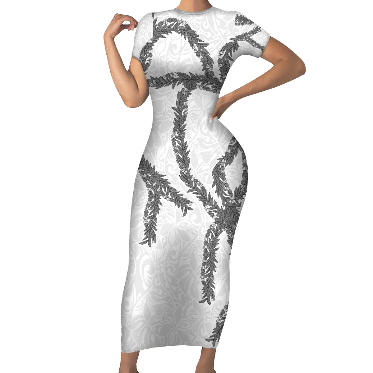 Hawaii Maile Lei Short Sleeve Bodycon Dress Aloha The Grey Color