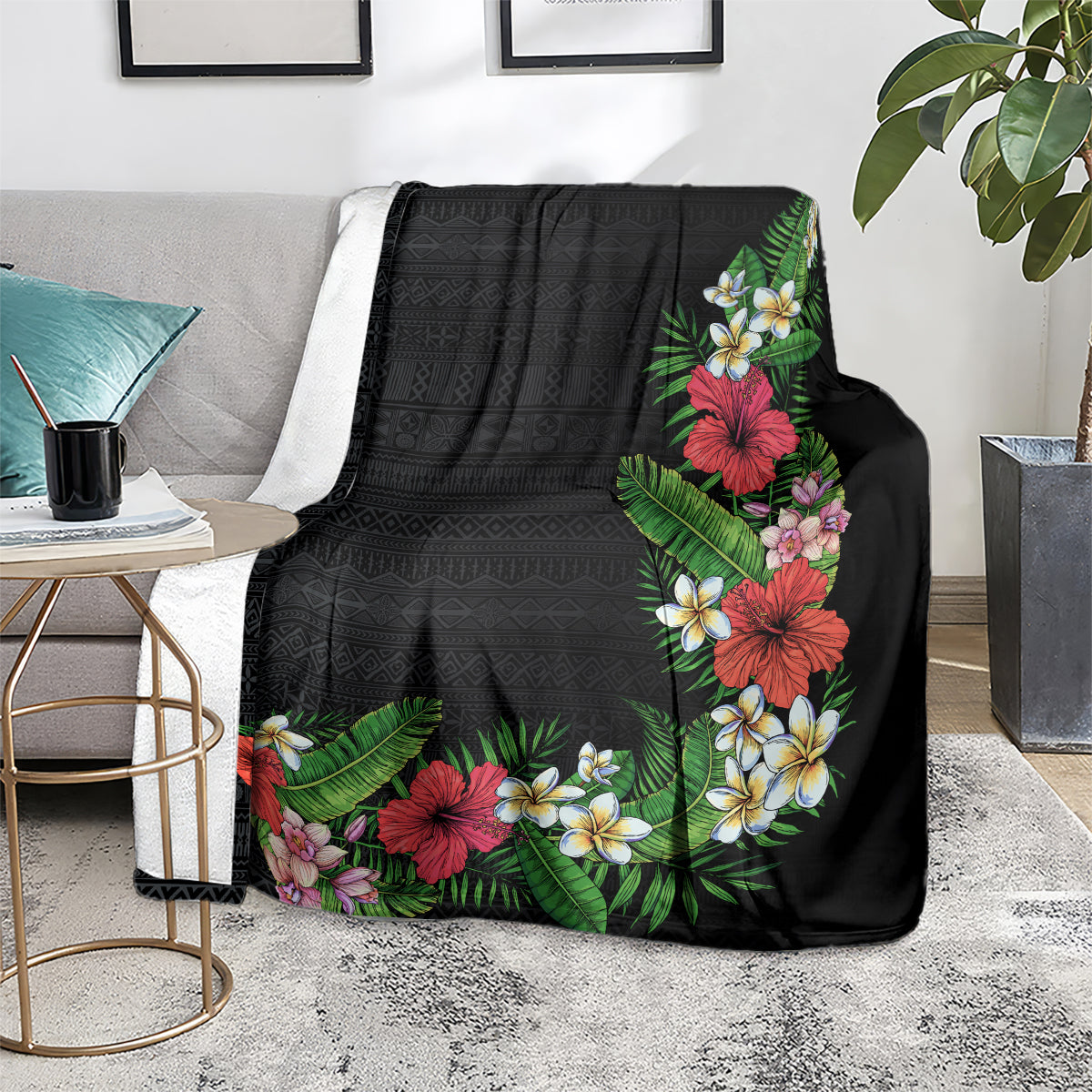 Hawaii Tropical Flowers and Leaves Blanket Tapa Pattern Colorful Mode