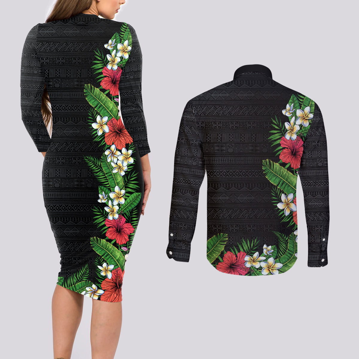 Hawaii Tropical Flowers and Leaves Couples Matching Long Sleeve Bodycon Dress and Long Sleeve Button Shirt Tapa Pattern Colorful Mode