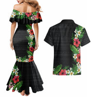 Hawaii Tropical Flowers and Leaves Couples Matching Mermaid Dress and Hawaiian Shirt Tapa Pattern Colorful Mode