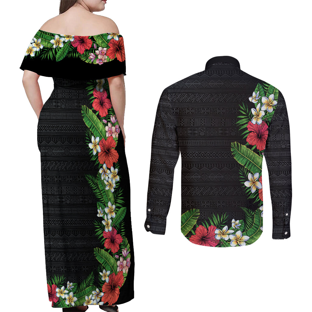 Hawaii Tropical Flowers and Leaves Couples Matching Off Shoulder Maxi Dress and Long Sleeve Button Shirt Tapa Pattern Colorful Mode
