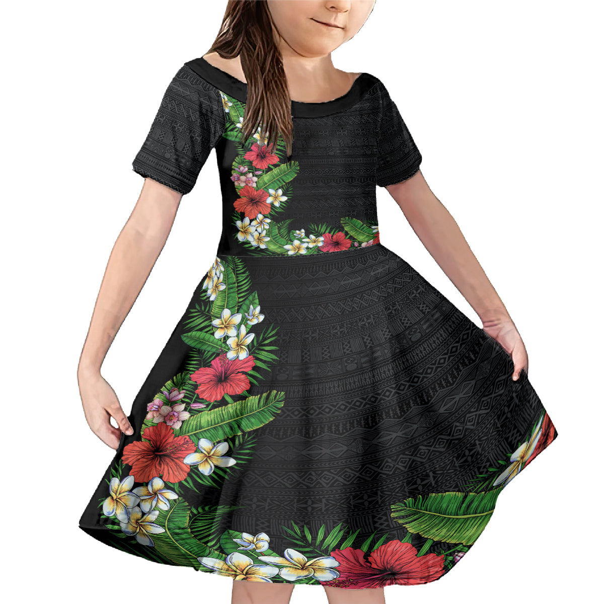 Hawaii Tropical Flowers and Leaves Family Matching Mermaid Dress and Hawaiian Shirt Tapa Pattern Colorful Mode