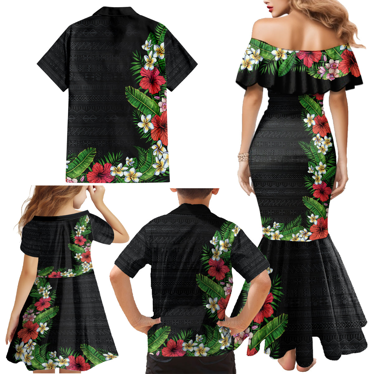 Hawaii Tropical Flowers and Leaves Family Matching Mermaid Dress and Hawaiian Shirt Tapa Pattern Colorful Mode