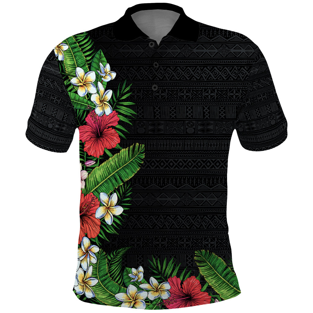 Hawaii Tropical Flowers and Leaves Polo Shirt - Tapa Pattern Colorful Mode LT03 Black - Polynesian Pride