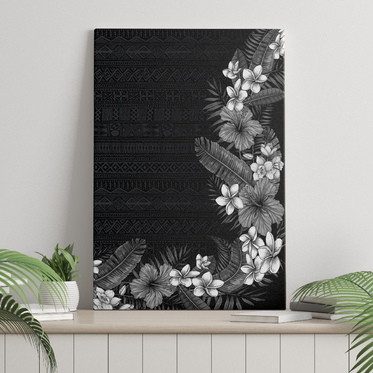 Hawaii Tropical Flowers and Leaves Canvas Wall Art Tapa Pattern Grayscale Mode