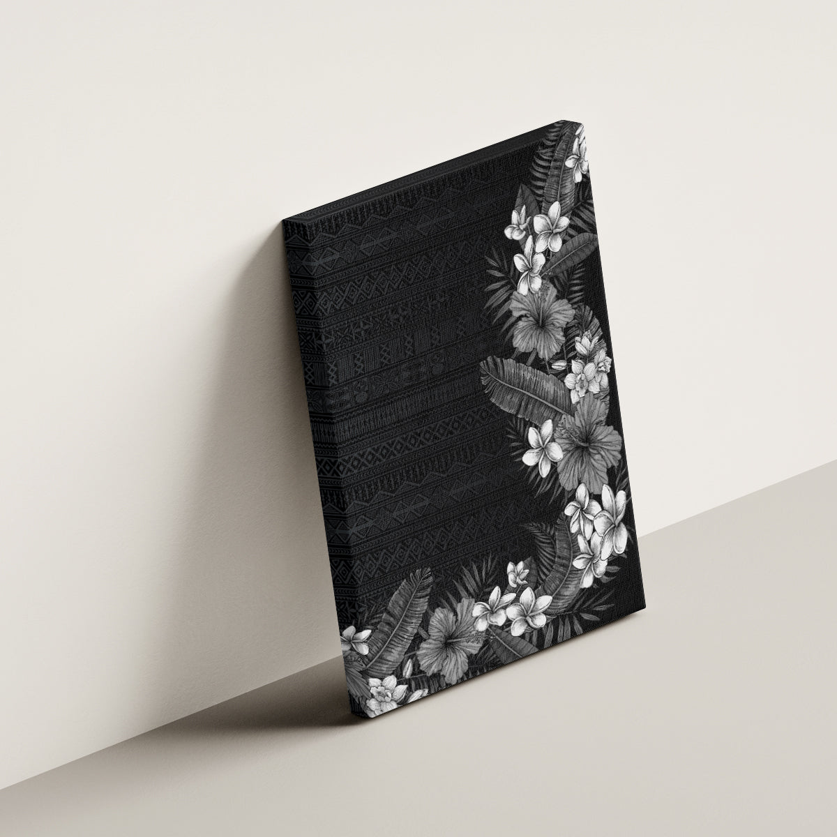 Hawaii Tropical Flowers and Leaves Canvas Wall Art Tapa Pattern Grayscale Mode
