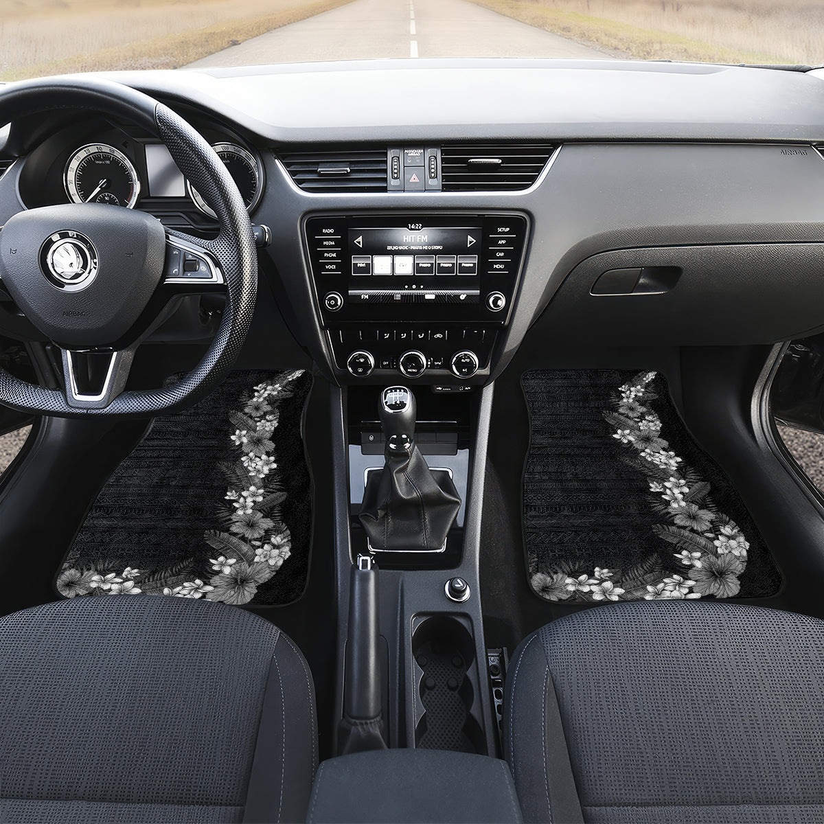 Hawaii Tropical Flowers and Leaves Car Mats Tapa Pattern Grayscale Mode