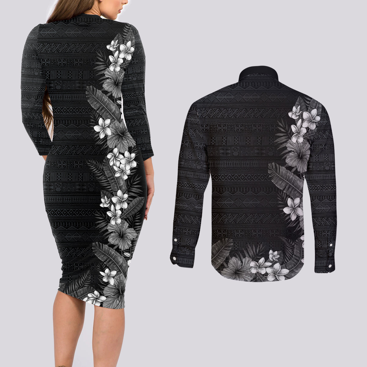 Hawaii Tropical Flowers and Leaves Couples Matching Long Sleeve Bodycon Dress and Long Sleeve Button Shirt Tapa Pattern Grayscale Mode
