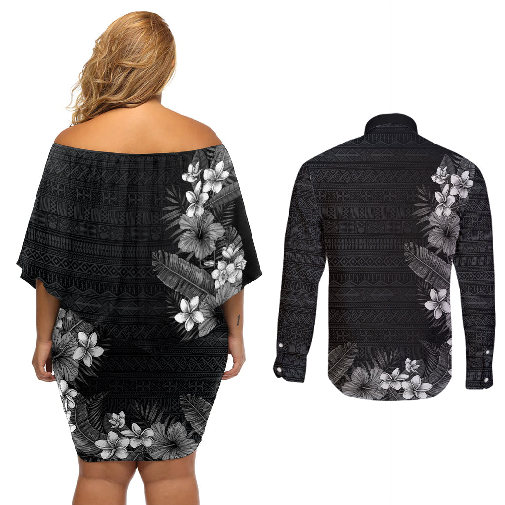 Hawaii Tropical Flowers and Leaves Couples Matching Off Shoulder Short Dress and Long Sleeve Button Shirt Tapa Pattern Grayscale Mode