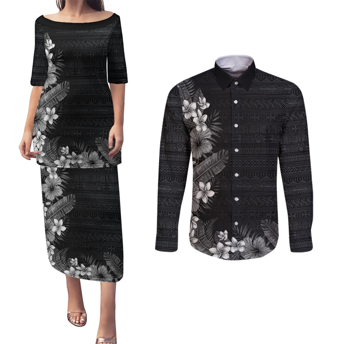 Hawaii Tropical Flowers and Leaves Couples Matching Puletasi and Long Sleeve Button Shirt Tapa Pattern Grayscale Mode