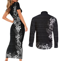 Hawaii Tropical Flowers and Leaves Couples Matching Short Sleeve Bodycon Dress and Long Sleeve Button Shirt Tapa Pattern Grayscale Mode