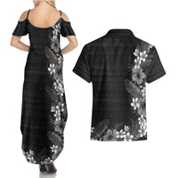 Hawaii Tropical Flowers and Leaves Couples Matching Summer Maxi Dress and Hawaiian Shirt Tapa Pattern Grayscale Mode